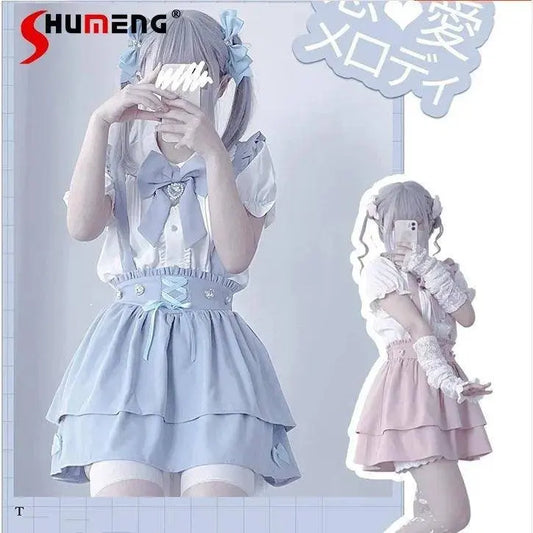 Japanese Summer Sets Women Outfits Mine Water Color System Mass-Produced Short Sleeve Top with Bow Tie Amd Sling Short Skirt SS69