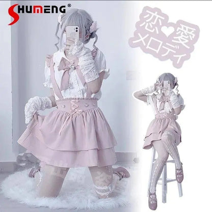 Japanese Summer Sets Women Outfits Mine Water Color System Mass-Produced Short Sleeve Top with Bow Tie Amd Sling Short Skirt SS69