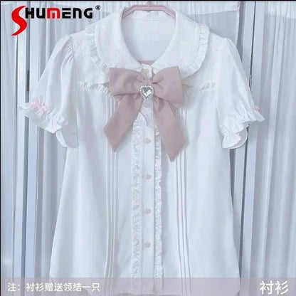 Japanese Summer Sets Women Outfits Mine Water Color System Mass-Produced Short Sleeve Top with Bow Tie Amd Sling Short Skirt SS69