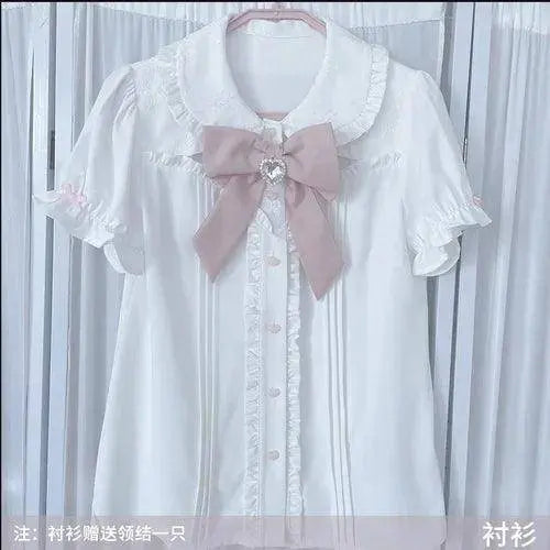 Japanese Summer Sets Women Outfits Mine Water Color System Mass-Produced Short Sleeve Top with Bow Tie Amd Sling Short Skirt SS69