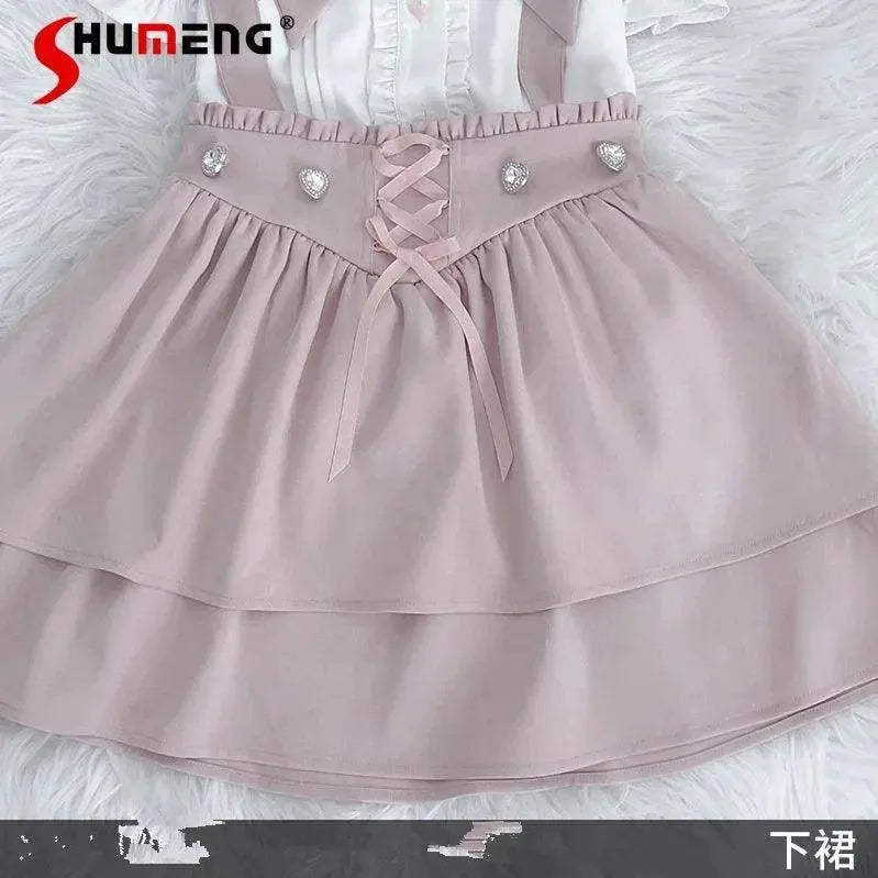 Japanese Summer Sets Women Outfits Mine Water Color System Mass-Produced Short Sleeve Top with Bow Tie Amd Sling Short Skirt SS69