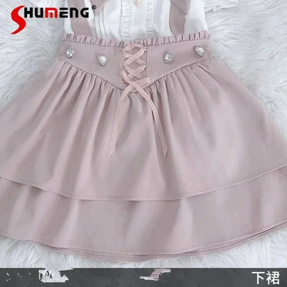 Japanese Summer Sets Women Outfits Mine Water Color System Mass-Produced Short Sleeve Top with Bow Tie Amd Sling Short Skirt SS69