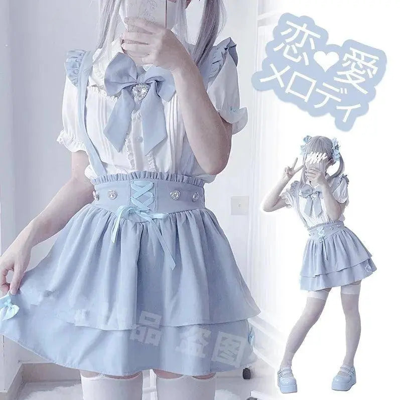 Japanese Summer Sets Women Outfits Mine Water Color System Mass-Produced Short Sleeve Top with Bow Tie Amd Sling Short Skirt SS69