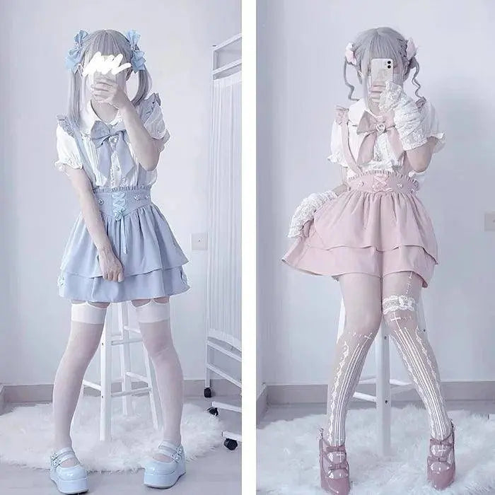 Japanese Summer Sets Women Outfits Mine Water Color System Mass-Produced Short Sleeve Top with Bow Tie Amd Sling Short Skirt SS69