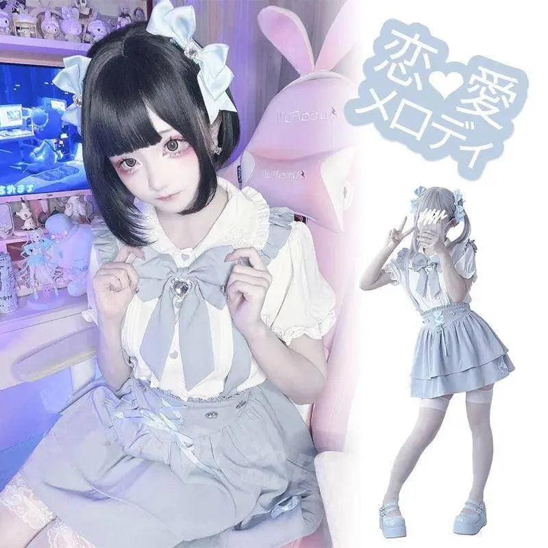 Japanese Summer Sets Women Outfits Mine Water Color System Mass-Produced Short Sleeve Top with Bow Tie Amd Sling Short Skirt SS69