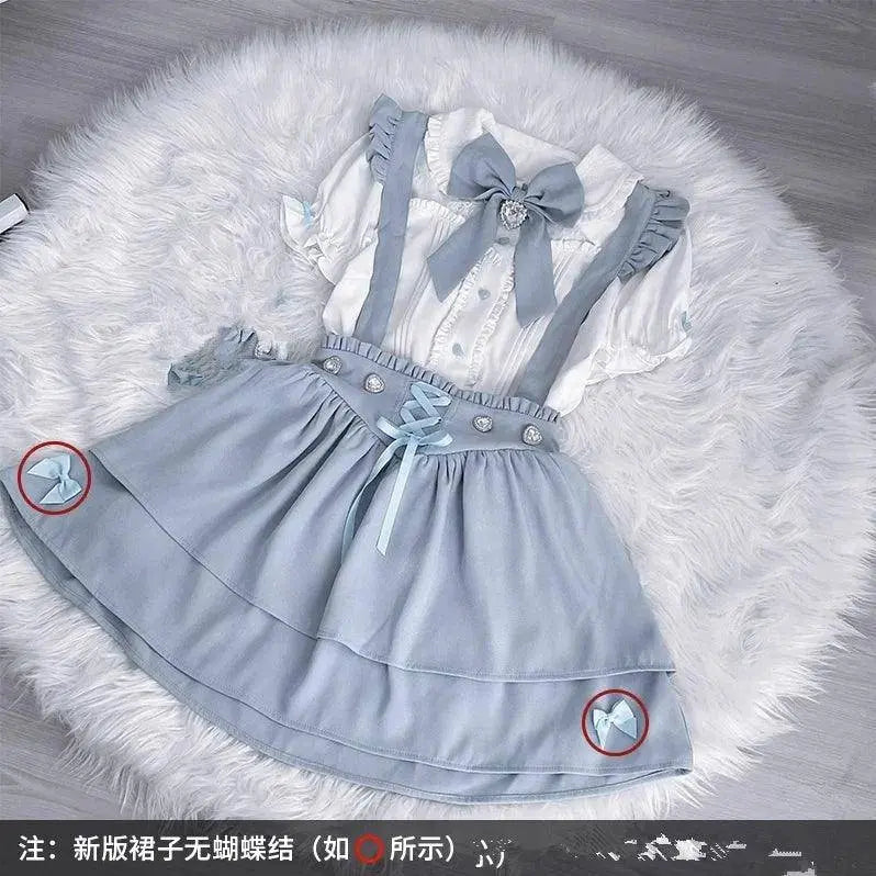 Japanese Summer Sets Women Outfits Mine Water Color System Mass-Produced Short Sleeve Top with Bow Tie Amd Sling Short Skirt SS69