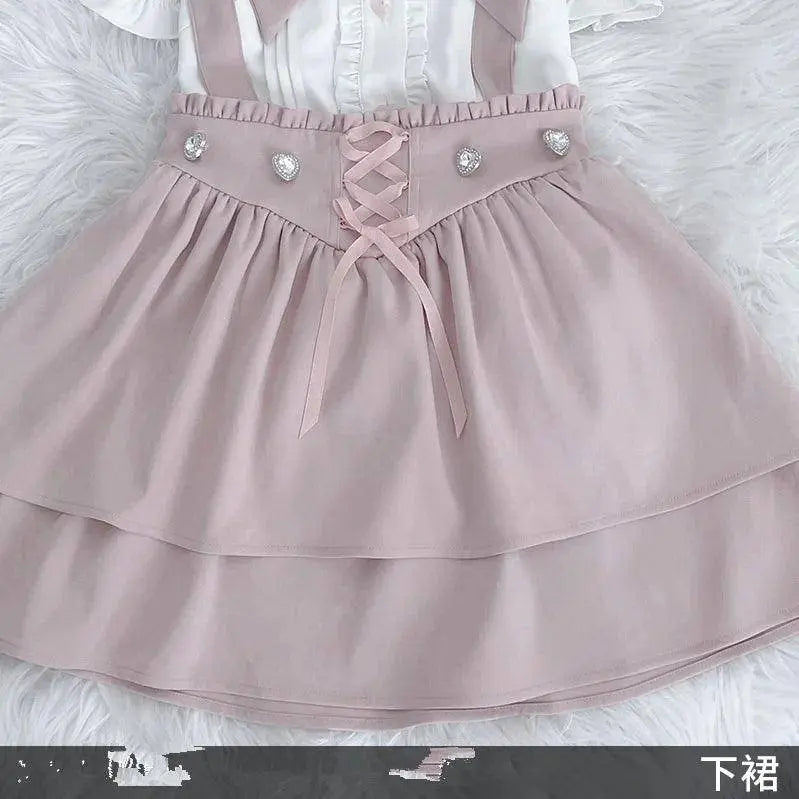 Japanese Summer Sets Women Outfits Mine Water Color System Mass-Produced Short Sleeve Top with Bow Tie Amd Sling Short Skirt SS69