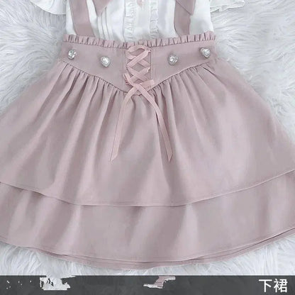 Japanese Summer Sets Women Outfits Mine Water Color System Mass-Produced Short Sleeve Top with Bow Tie Amd Sling Short Skirt SS69