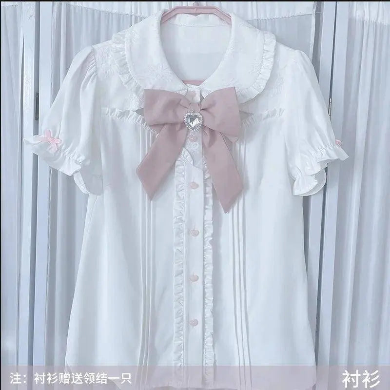 Japanese Summer Sets Women Outfits Mine Water Color System Mass-Produced Short Sleeve Top with Bow Tie Amd Sling Short Skirt SS69