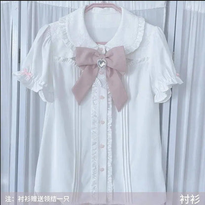 Japanese Summer Sets Women Outfits Mine Water Color System Mass-Produced Short Sleeve Top with Bow Tie Amd Sling Short Skirt SS69