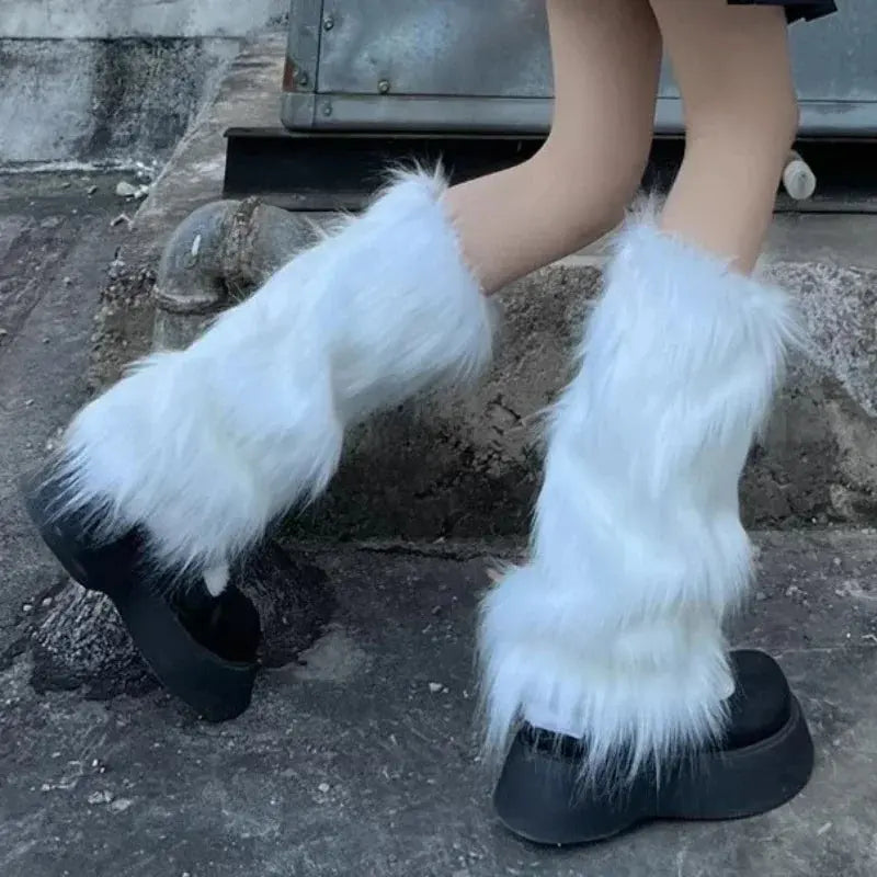 Japanese White Faux Fur Leg Warmers Boot Covers Y2K Goth Solid Leg Socks Punk Jk Knee-length Hiphop Hotgirl Fashion Warm Sock - SS69