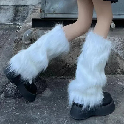 Japanese White Faux Fur Leg Warmers Boot Covers Y2K Goth Solid Leg Socks Punk Jk Knee-length Hiphop Hotgirl Fashion Warm Sock - SS69