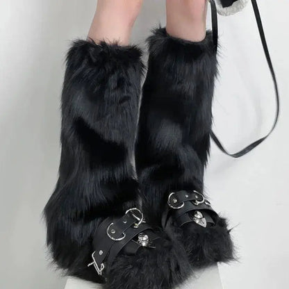 Japanese White Faux Fur Leg Warmers Boot Covers Y2K Goth Solid Leg Socks Punk Jk Knee-length Hiphop Hotgirl Fashion Warm Sock - SS69