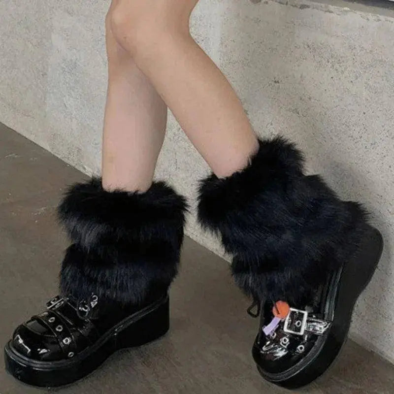 Japanese White Faux Fur Leg Warmers Boot Covers Y2K Goth Solid Leg Socks Punk Jk Knee-length Hiphop Hotgirl Fashion Warm Sock - SS69