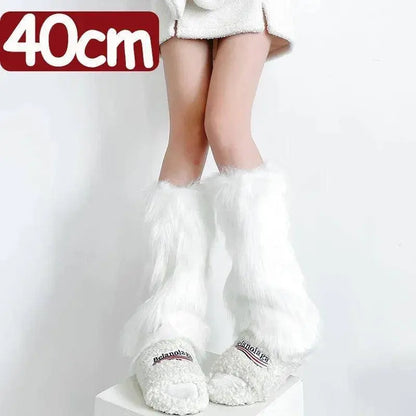 Japanese White Faux Fur Leg Warmers Boot Covers Y2K Goth Solid Leg Socks Punk Jk Knee-length Hiphop Hotgirl Fashion Warm Sock - SS69