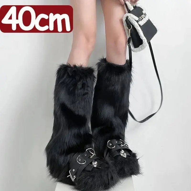 Japanese White Faux Fur Leg Warmers Boot Covers Y2K Goth Solid Leg Socks Punk Jk Knee-length Hiphop Hotgirl Fashion Warm Sock - SS69