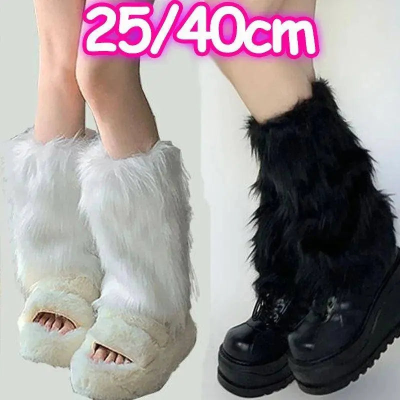 Japanese White Faux Fur Leg Warmers Boot Covers Y2K Goth Solid Leg Socks Punk Jk Knee-length Hiphop Hotgirl Fashion Warm Sock - SS69