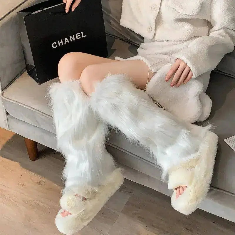 Japanese White Faux Fur Leg Warmers Boot Covers Y2K Goth Solid Leg Socks Punk Jk Knee-length Hiphop Hotgirl Fashion Warm Sock - SS69