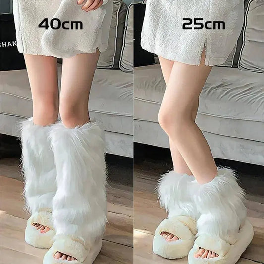 Japanese White Faux Fur Leg Warmers Boot Covers Y2K Goth Solid Leg Socks Punk Jk Knee-length Hiphop Hotgirl Fashion Warm Sock - SS69