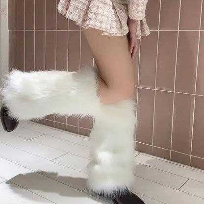 Japanese White Faux Fur Leg Warmers Boot Covers Y2K Goth Solid Leg Socks Punk Jk Knee-length Hiphop Hotgirl Fashion Warm Sock - SS69