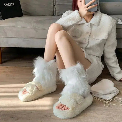 Japanese White Faux Fur Leg Warmers Boot Covers Y2K Goth Solid Leg Socks Punk Jk Knee-length Hiphop Hotgirl Fashion Warm Sock - SS69