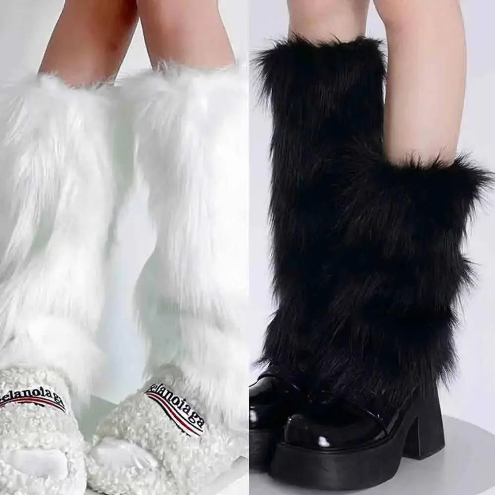 Japanese White Faux Fur Leg Warmers Boot Covers Y2K - SS69