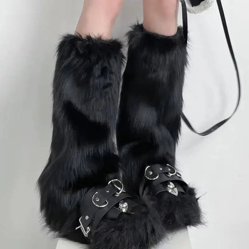Japanese White Faux Fur Leg Warmers Boot Covers Y2K - SS69
