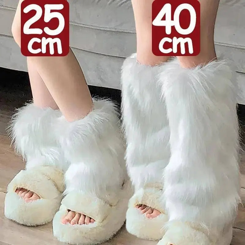 Japanese White Faux Fur Leg Warmers Boot Covers Y2K - SS69