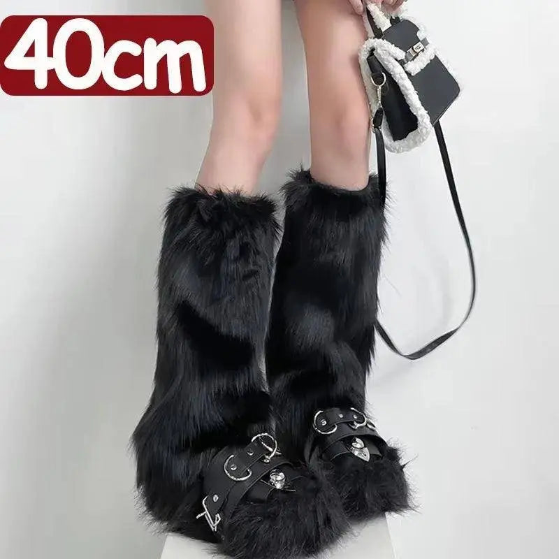 Japanese White Faux Fur Leg Warmers Boot Covers Y2K - SS69