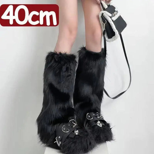 Japanese White Faux Fur Leg Warmers Boot Covers Y2K - SS69