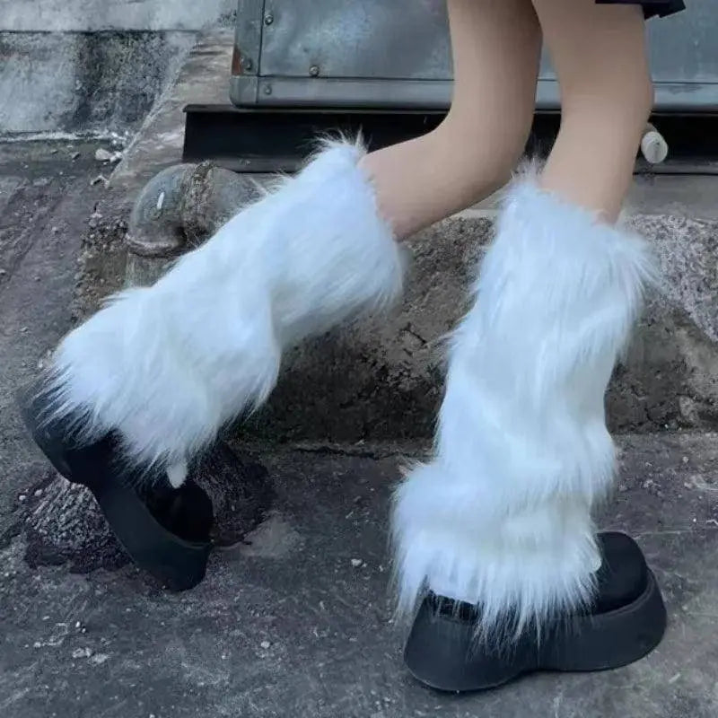 Japanese White Faux Fur Leg Warmers Boot Covers Y2K - SS69