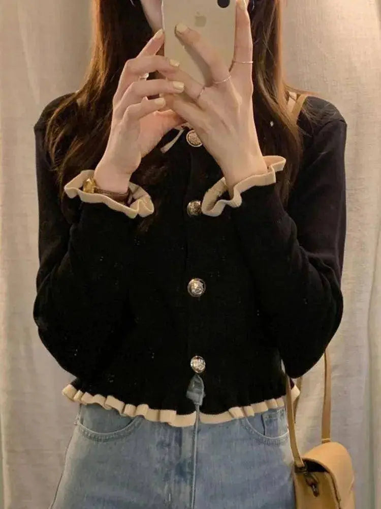 Jmprs Ruffles Sweet Cardigan Sweaters Women Fashion Slim Long Sleeve Knitted Short Coat Elegant Patchwork Korean Lady Black Tops SS69