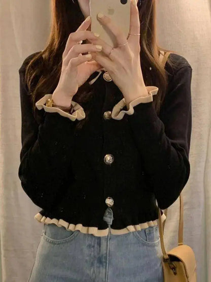 Jmprs Ruffles Sweet Cardigan Sweaters Women Fashion Slim Long Sleeve Knitted Short Coat Elegant Patchwork Korean Lady Black Tops SS69