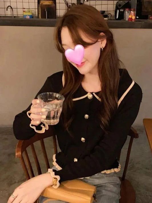 Jmprs Ruffles Sweet Cardigan Sweaters Women Fashion Slim Long Sleeve Knitted Short Coat Elegant Patchwork Korean Lady Black Tops SS69
