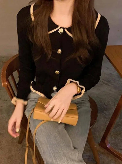 Jmprs Ruffles Sweet Cardigan Sweaters Women Fashion Slim Long Sleeve Knitted Short Coat Elegant Patchwork Korean Lady Black Tops SS69