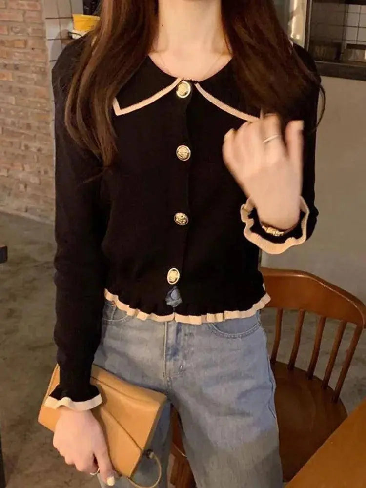 Jmprs Ruffles Sweet Cardigan Sweaters Women Fashion Slim Long Sleeve Knitted Short Coat Elegant Patchwork Korean Lady Black Tops SS69
