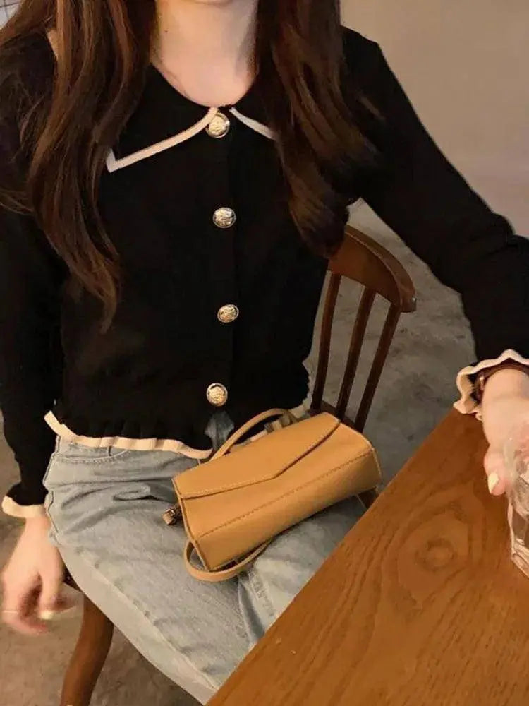 Jmprs Ruffles Sweet Cardigan Sweaters Women Fashion Slim Long Sleeve Knitted Short Coat Elegant Patchwork Korean Lady Black Tops SS69