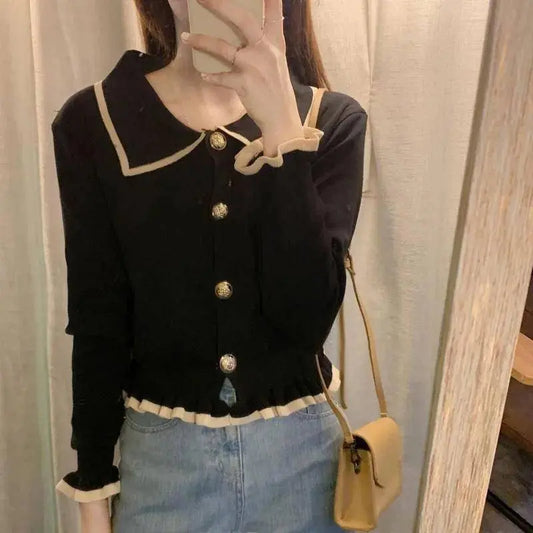 Jmprs Ruffles Sweet Cardigan Sweaters Women Fashion Slim Long Sleeve Knitted Short Coat Elegant Patchwork Korean Lady Black Tops SS69