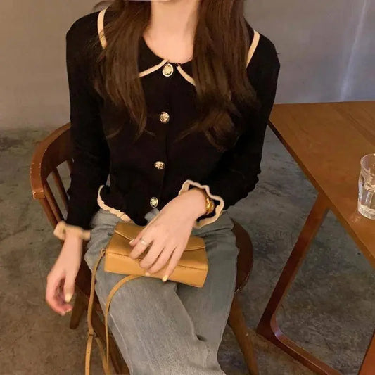 Jmprs Ruffles Sweet Cardigan Sweaters Women Fashion Slim Long Sleeve Knitted Short Coat Elegant Patchwork Korean Lady Black Tops SS69