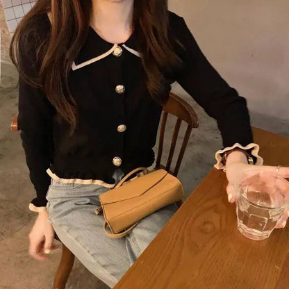 Jmprs Ruffles Sweet Cardigan Sweaters Women Fashion Slim Long Sleeve Knitted Short Coat Elegant Patchwork Korean Lady Black Tops SS69