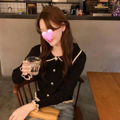 Jmprs Ruffles Sweet Cardigan Sweaters Women Fashion Slim Long Sleeve Knitted Short Coat Elegant Patchwork Korean Lady Black Tops SS69