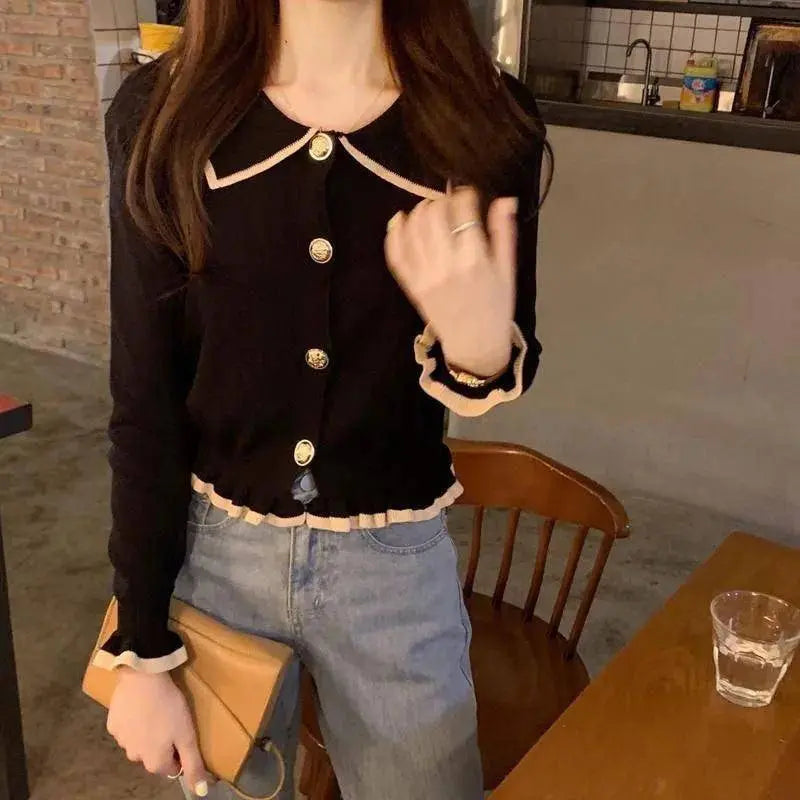 Jmprs Ruffles Sweet Cardigan Sweaters Women Fashion Slim Long Sleeve Knitted Short Coat Elegant Patchwork Korean Lady Black Tops SS69