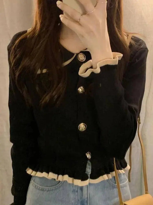 Jmprs Ruffles Sweet Cardigan Sweaters Women Fashion Slim Long Sleeve Knitted Short Coat Elegant Patchwork Korean Lady Black Tops SS69 23.69 Black / One Size