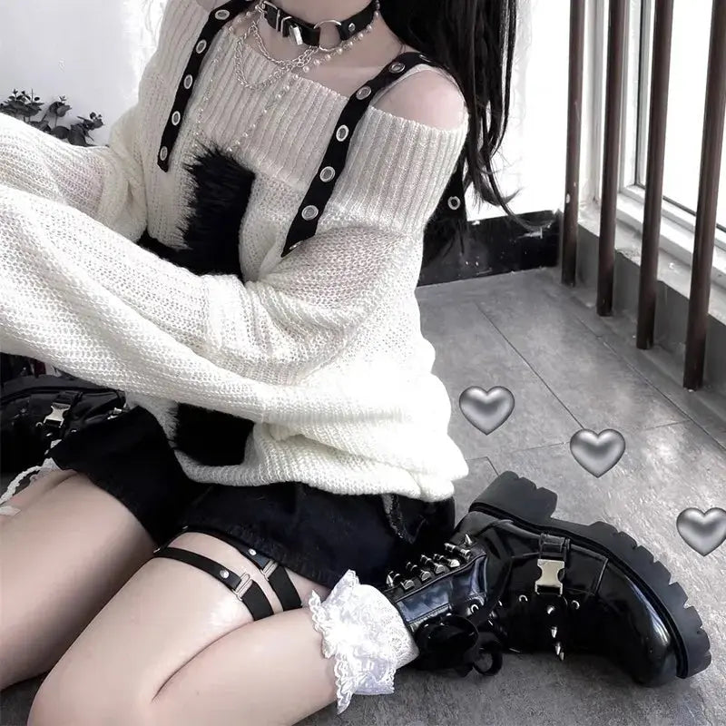 Karrram Harajuku Punk Knitwear Women Off Shoulder Belted Thin Sweater Cross Fur Patch 2022 Autumn Loose Gothic Y2k Pullover SS69