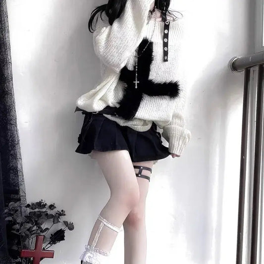 Karrram Harajuku Punk Knitwear Women Off Shoulder Belted Thin Sweater Cross Fur Patch 2022 Autumn Loose Gothic Y2k Pullover SS69
