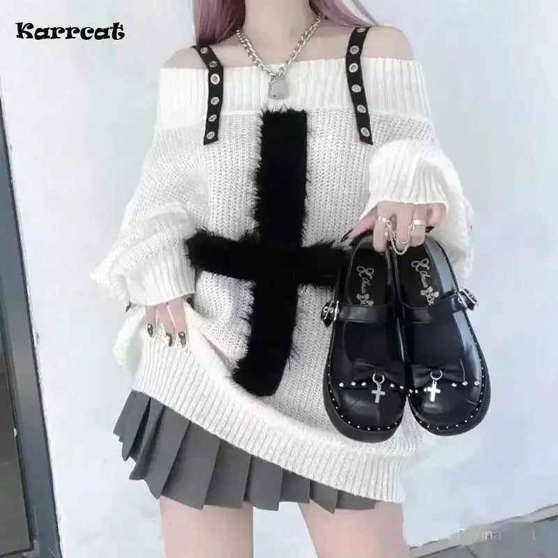 Karrram Harajuku Punk Knitwear Women Off Shoulder Belted Thin Sweater Cross Fur Patch 2022 Autumn Loose Gothic Y2k Pullover - SS69