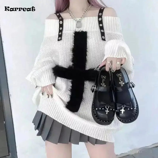 Karrram Harajuku Punk Knitwear Women Off Shoulder Belted Thin Sweater Cross Fur Patch 2022 Autumn Loose Gothic Y2k Pullover - SS69
