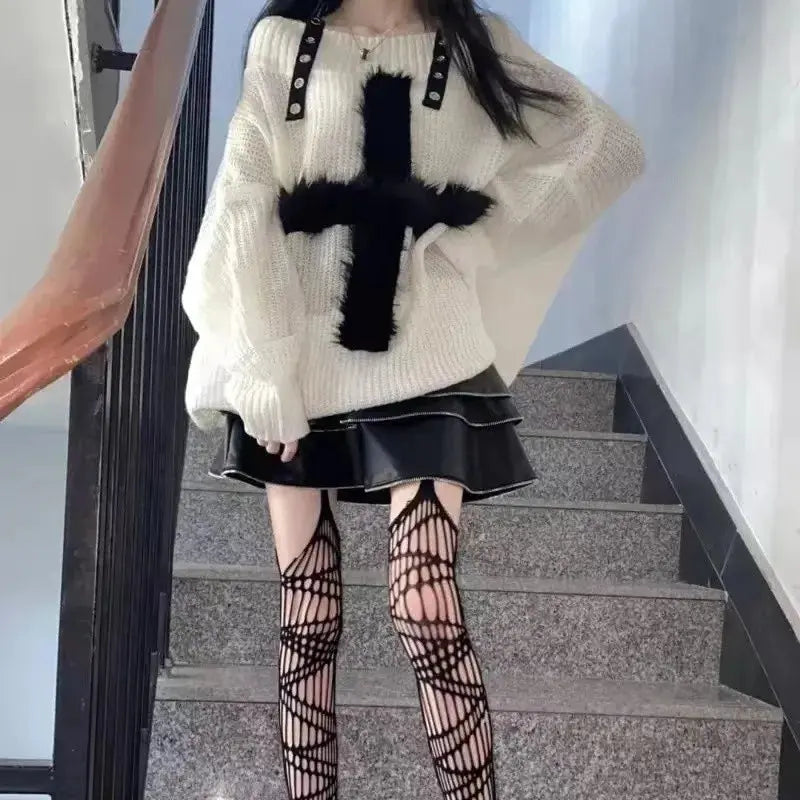 Karrram Harajuku Punk Knitwear Women Off Shoulder Belted Thin Sweater Cross Fur Patch 2022 Autumn Loose Gothic Y2k Pullover SS69