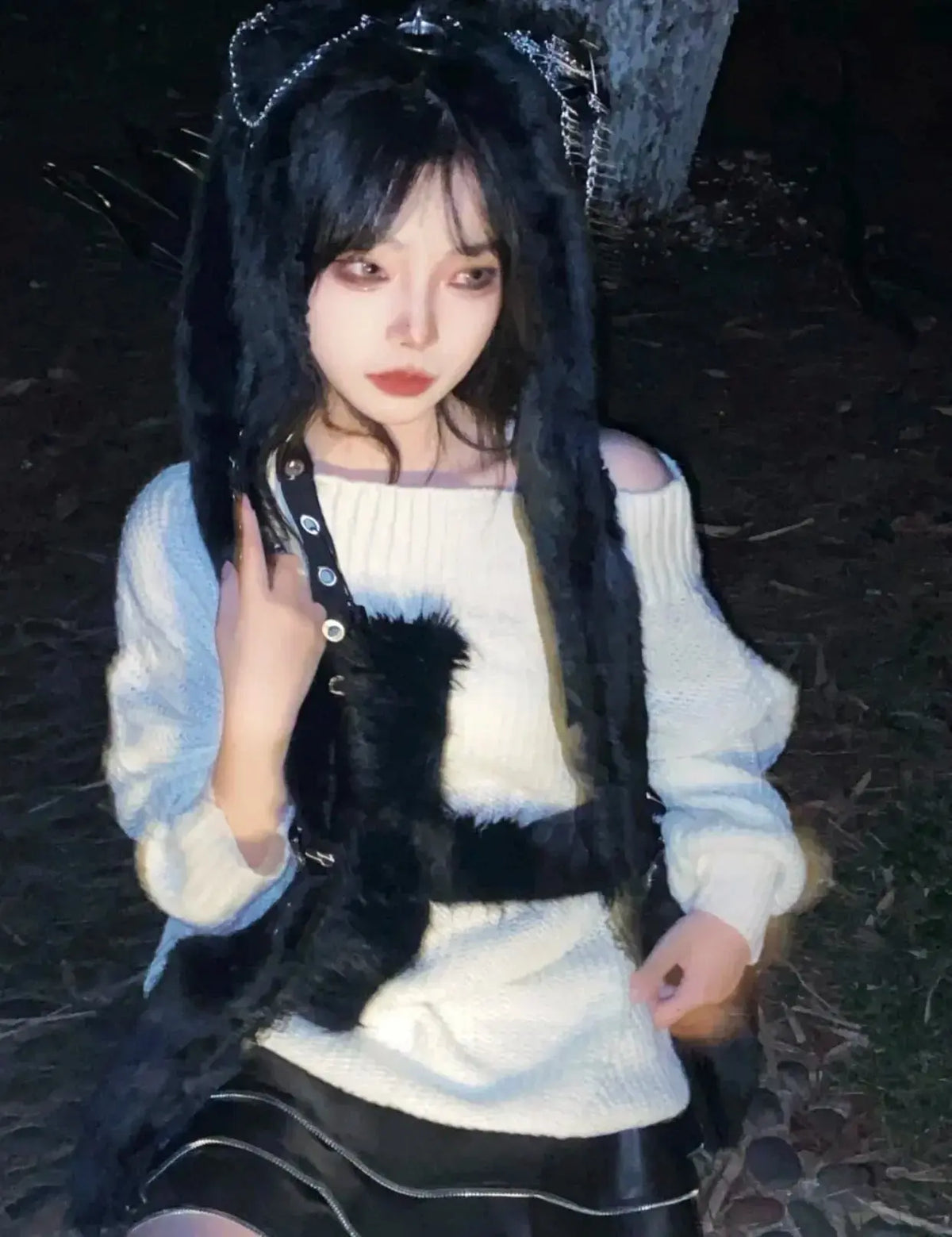 Karrram Harajuku Punk Knitwear Women Off Shoulder Belted Thin Sweater Cross Fur Patch 2022 Autumn Loose Gothic Y2k Pullover SS69