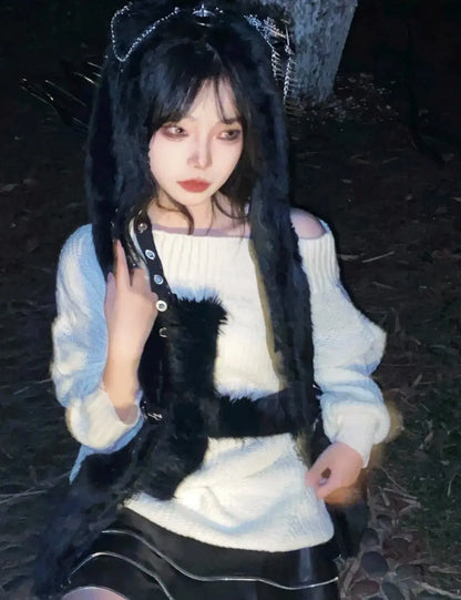 Karrram Harajuku Punk Knitwear Women Off Shoulder Belted Thin Sweater Cross Fur Patch 2022 Autumn Loose Gothic Y2k Pullover SS69